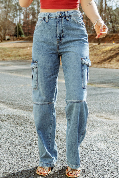 Sky Blue Cool Cargo Style Wide Leg Jeans