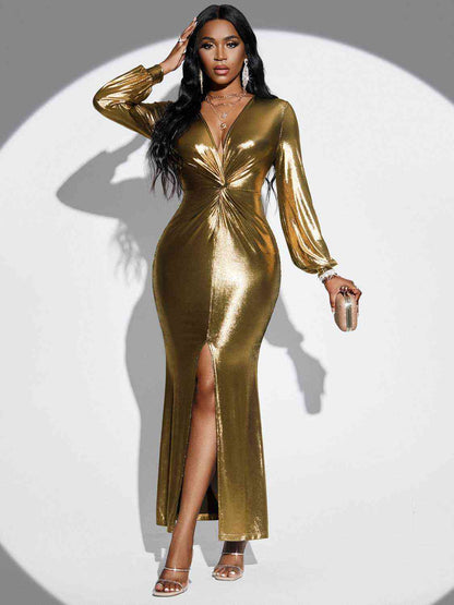 Plunge Twisted Slit Sexy Gold Long Sleeve Bodycon Midi Gold Dress Gold casual dresses clothes cocktail dresses dresses evening dress evening dresses formal dresses gold dresses long dresses long sleeve dresses long sleve dresses maxi dress maxi dresses midi dresses S.N Ship From Overseas short dresses