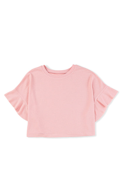 Pink Waffle Knit Ruffled Half Sleeve Blouse