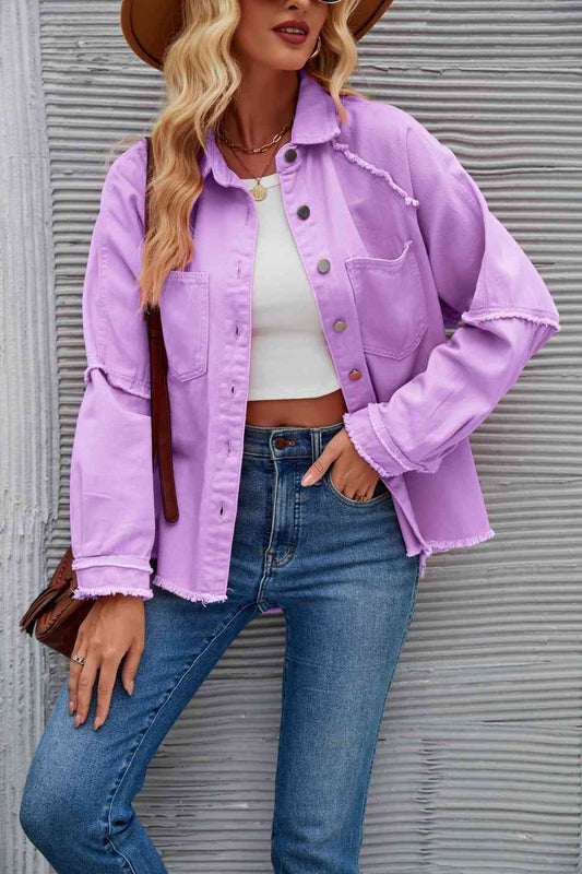 Raw Hem Collared Denim Jacket Lavender clothes Jackets & Coats LT&SB Ship From Overseas