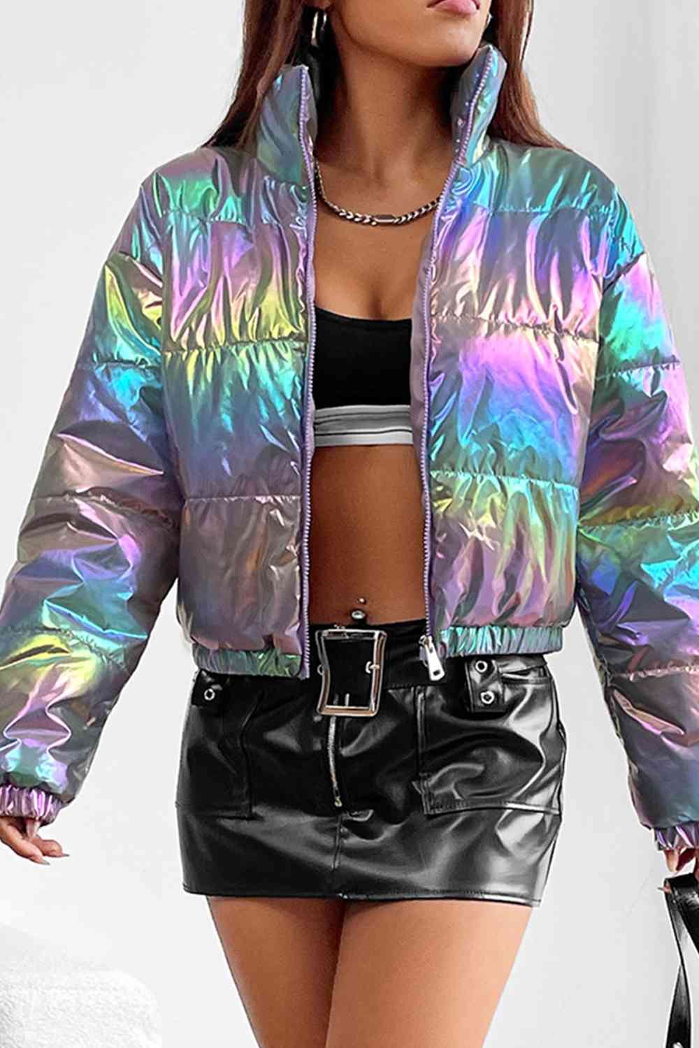 Gradient Zip-Up Oil Spill Chrome Winter Coat