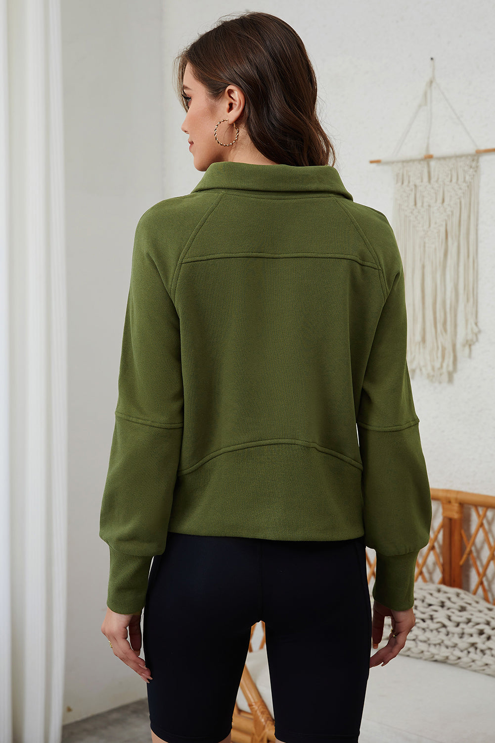 Green Zip Up Stand Collar Ribbed Thumbhole Sleeve Sweatshirt