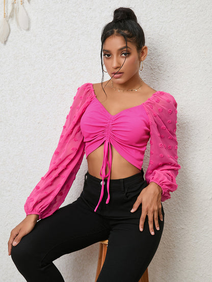 Swiss Dot Drawstring Cropped Blouse, Long Sleeve Crop top Hot Pink CATHSNNA clothes crop top croptop long sleeve shirt long sleeve shirts long sleeve top Ship From Overseas Shipping Delay 09/29/2023 - 10/03/2023 shirt shirts top tops