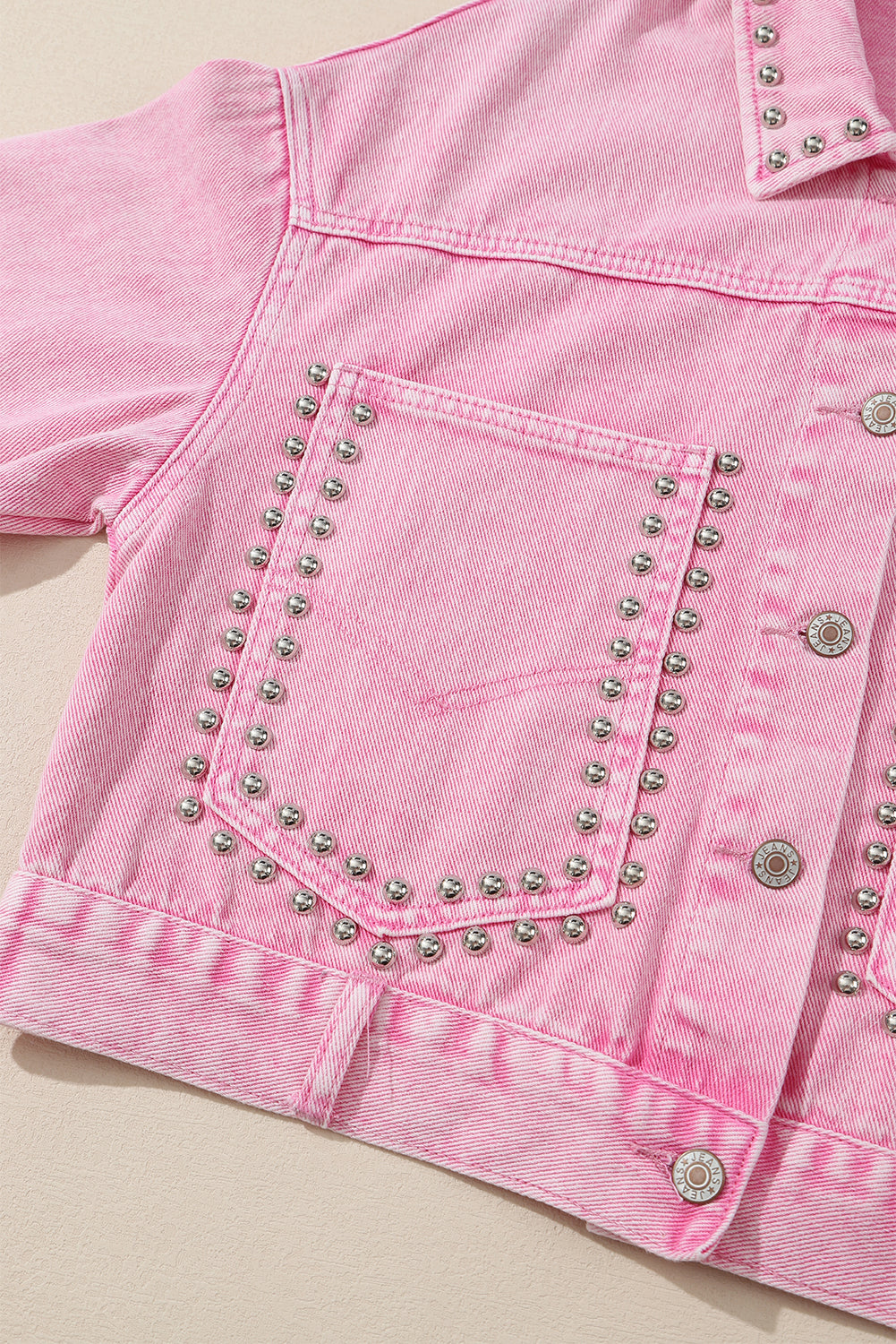 Pink Rivet Studded Pocketed Pink Denim Jacket