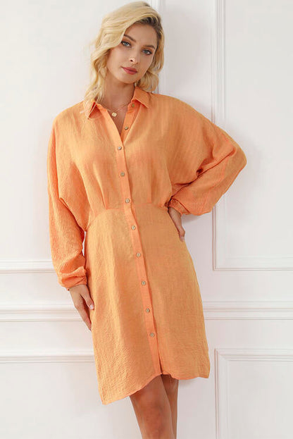 Texture Button Up Balloon Sleeve Shirt Dress Tangerine casual dresses clothes dress dresses long sleeve dress long sleeve dresses Ship From Overseas short dresses SYNZ