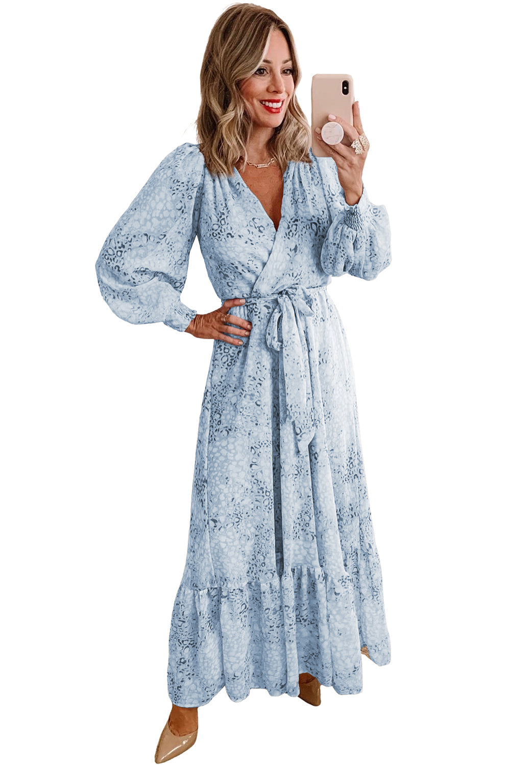 Sky Blue Printed Surplice Neck Bubble Long Sleeve Maxi Dress with Tie waist