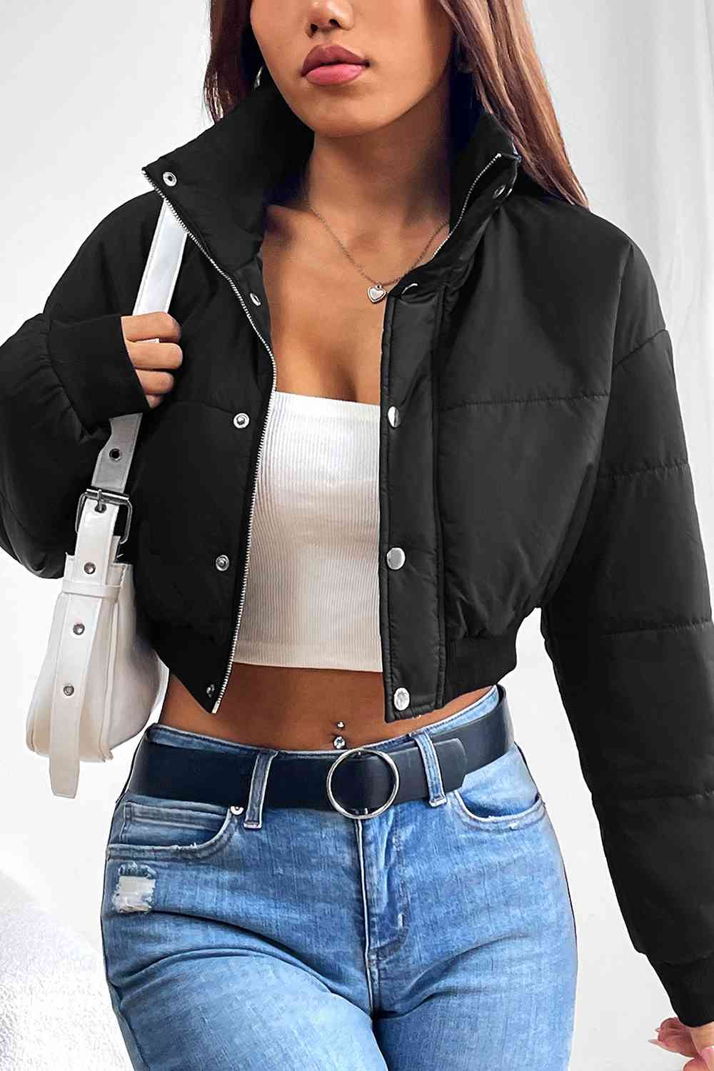 Snap and Zip Closure Crop Puffy Sexy Winter Coat