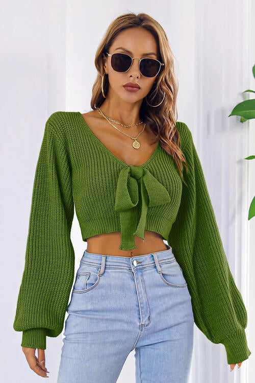 Bow V-Neck Long Sleeve Cropped Sweater Green clothes crop top crop tops croptop long sleeve shirt long sleeve shirts long sleeve top long sleeve tops M.Y.C Ship From Overseas shirt shirts Sweater sweaters top tops