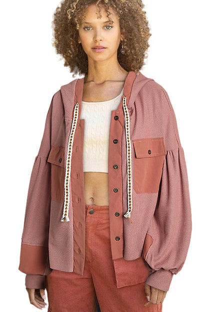 Chestnut Waffle Contrast Patch Puff Sleeve Hooded Shacket