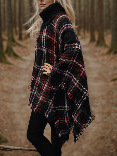 Turtleneck Plaid Raw Hem Sweater Fashion Poncho