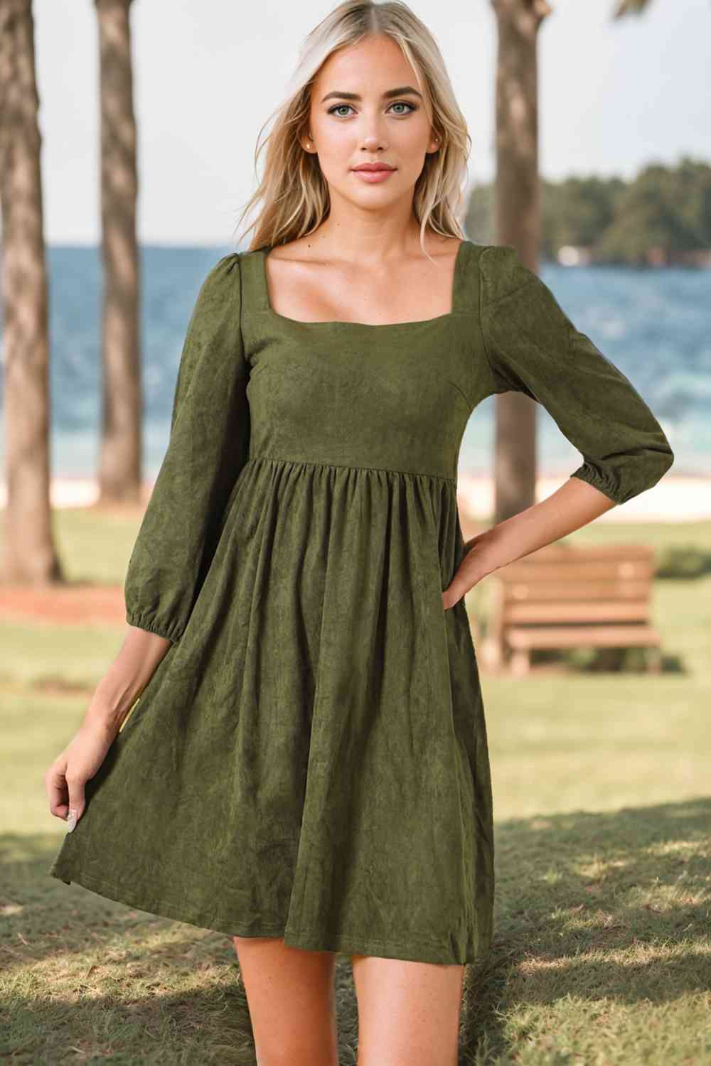 Square Neck Three-Quater Sleeve Mini Dress Moss casual dresses clothes dress dresses dressss long sleeve dresses long sleve dresses Ship From Overseas short dress short dresses SYNZ