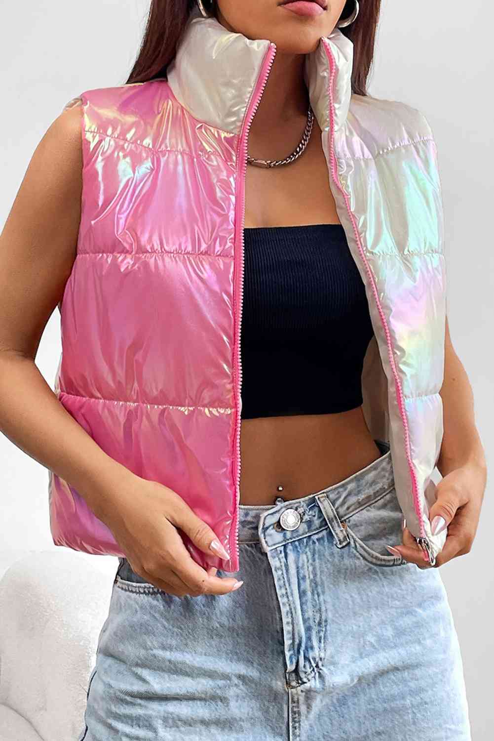 Turtleneck Color Block Pink Chrome Sleeveless Vest Hot Pink clothes Jacket Coat Jackets & Coats M@Y Ship From Overseas vest vests