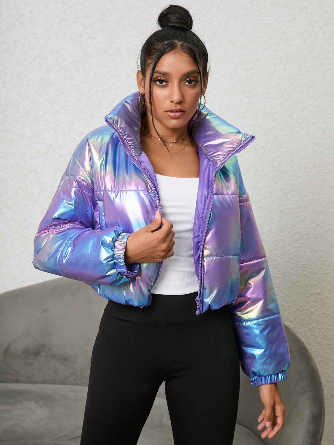 Gradient Zip-Up Collared Fashion Puffer Coat Jacket Multicolor CATHSNNA clothes Jackets & Coats Ship From Overseas Shipping Delay 09/29/2023 - 10/03/2023