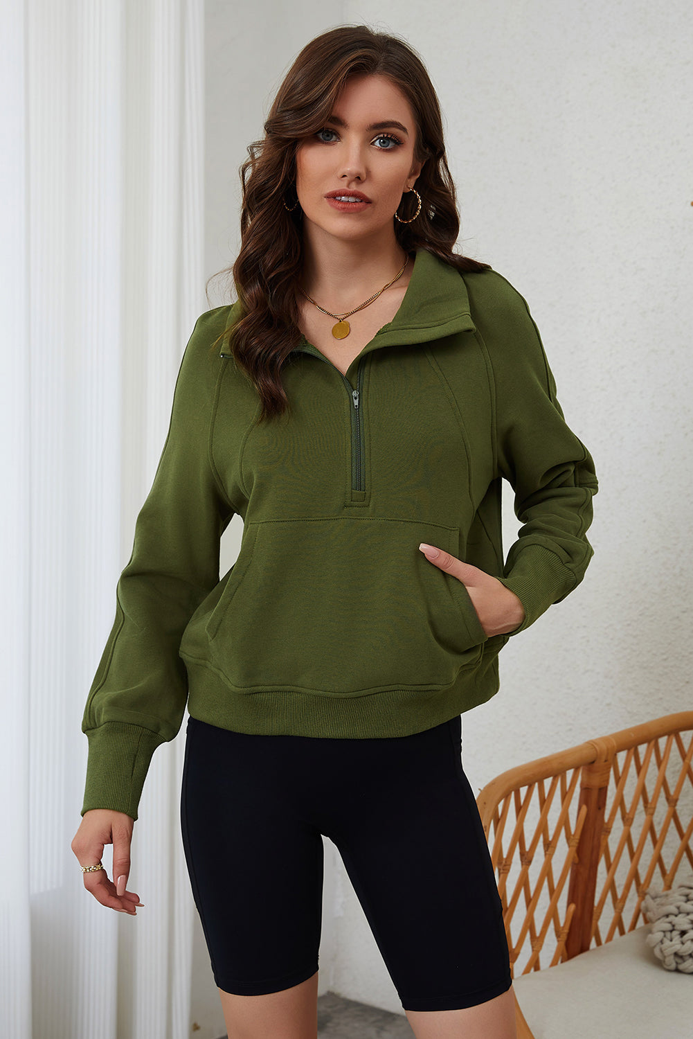 Green Zip Up Stand Collar Ribbed Thumbhole Sleeve Sweatshirt