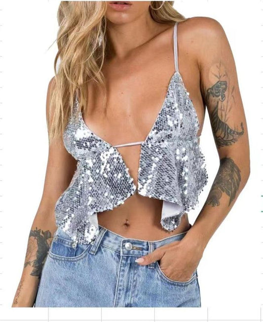 Women's sexy design sequined backless cami camisole Silver grey cami camisoles clothes crop top croptop sequin sequin shirt sequin shirts sequin top sexy shirt sexy top sexy tops shirt shirts short sleeve short sleeve shirt short sleeve shirts