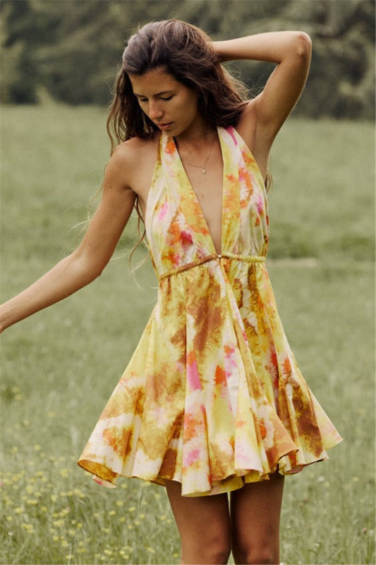 New fashionable V-neck suspender sexy printed halter neck short dress Yellow casual dress casual dresses clothes dress dresses short dress short dresses