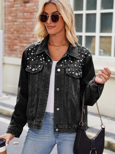 Pearl Detail Collared Neck Long Sleeve Denim Jacket Black Clothes Denim Jacket Jackets & Coats Manny Ship From Overseas