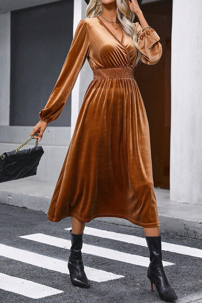 Camel Wrap V Neck Smocked High Waist Long Sleeve Velvet Midi Dress