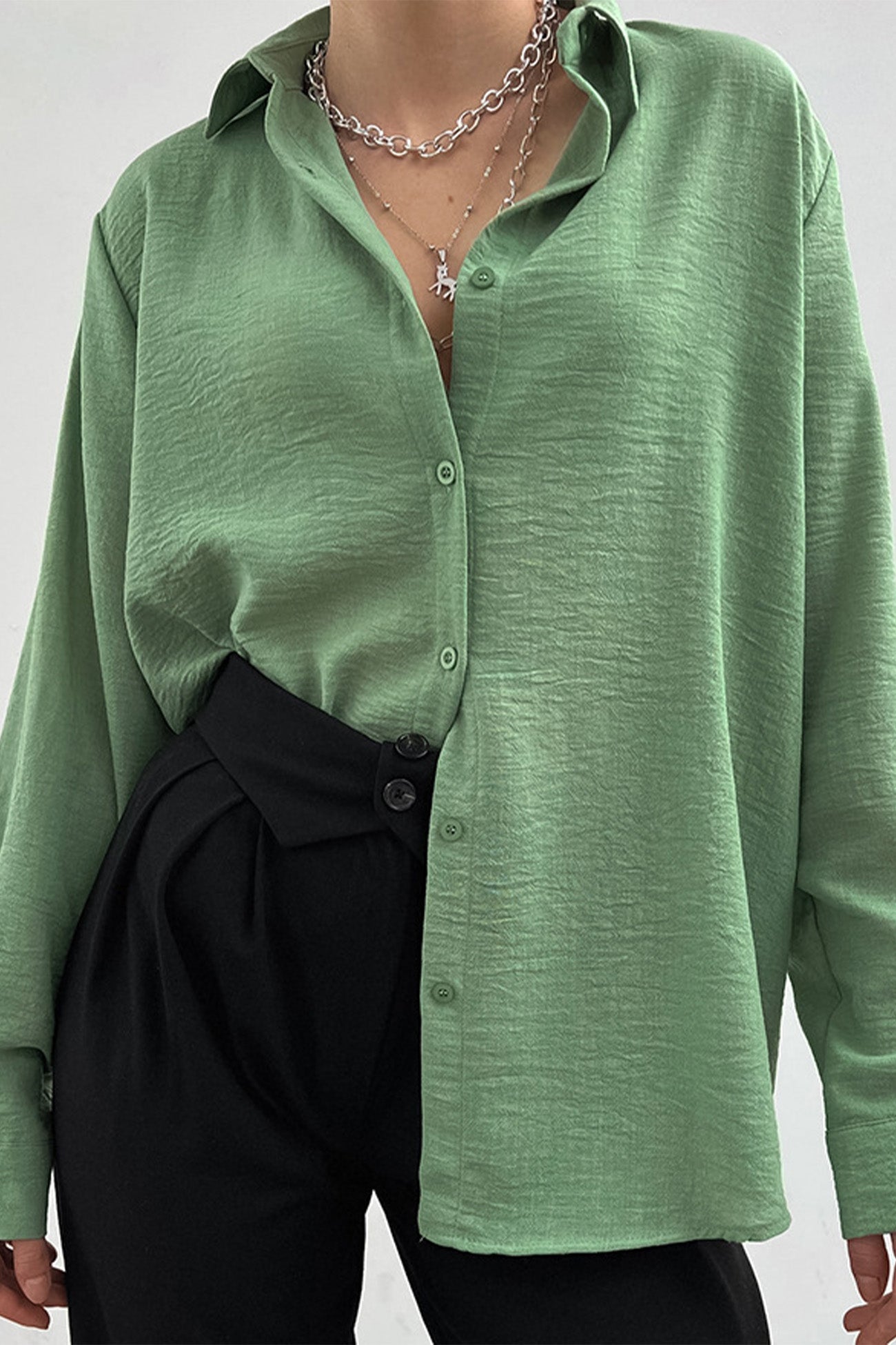 Solid Color Lapel Long Sleeve Button-Up Blouse