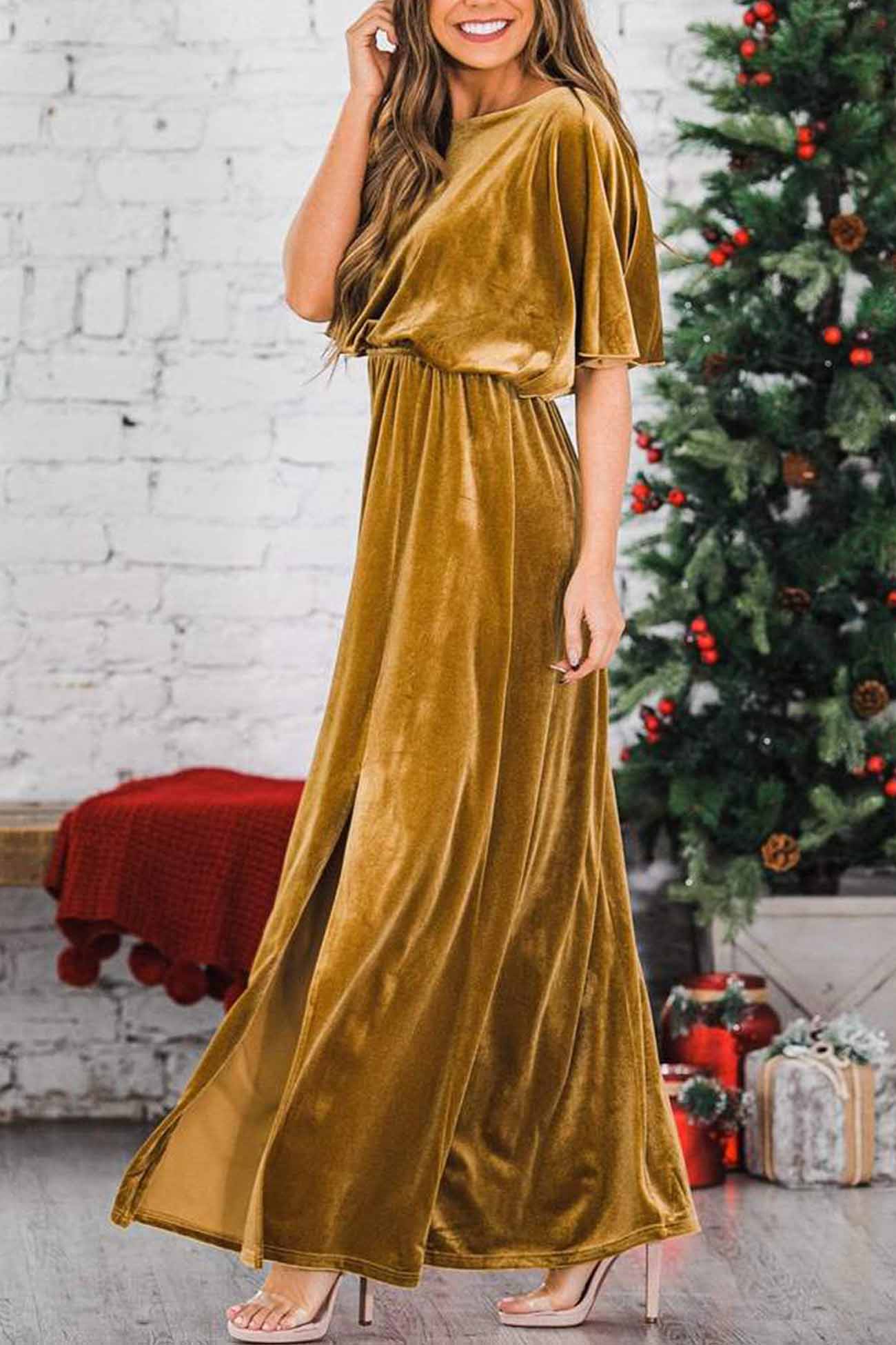 Velvet Crew Neck High Slit Midi Dress