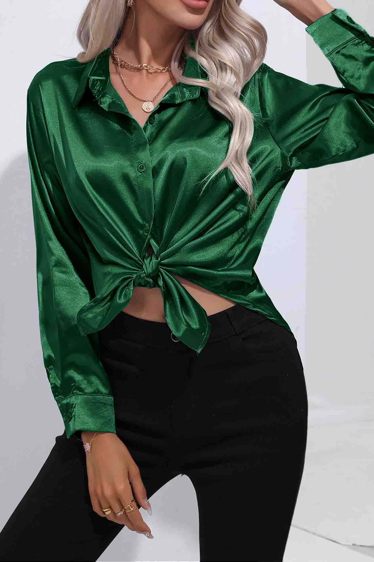 Lapel Satin Button Up Blouse