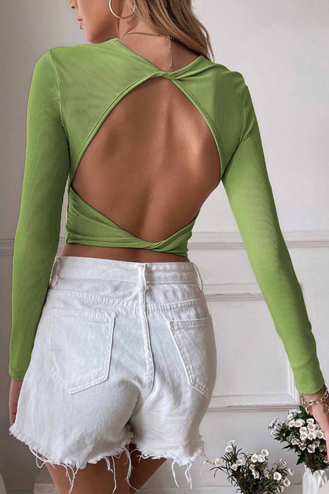 Solid Backless Twist Long Sleeve Tops