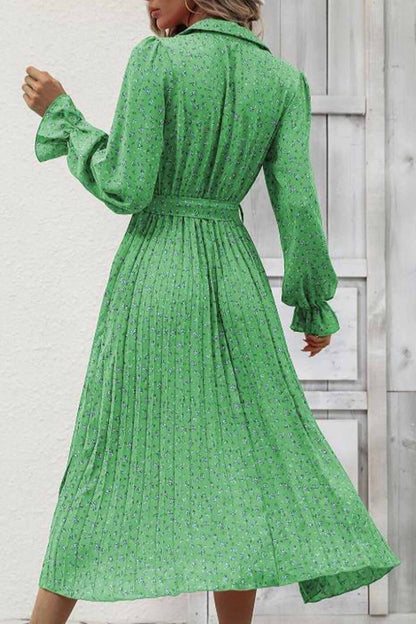 Floral Tie Wasit Long Sleeve Pleated Midi Dress