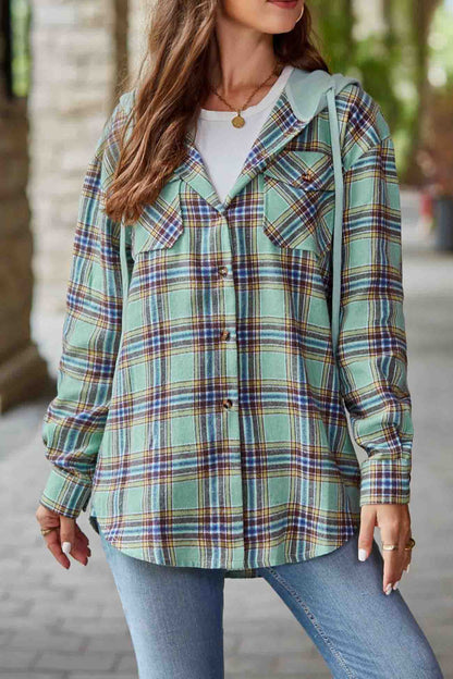 Hooded Plaid Button Up Blouse