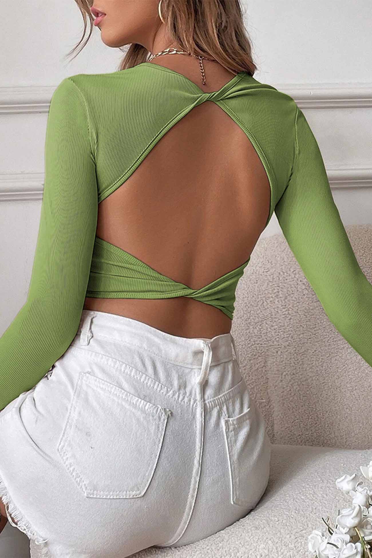 Solid Backless Twist Long Sleeve Tops