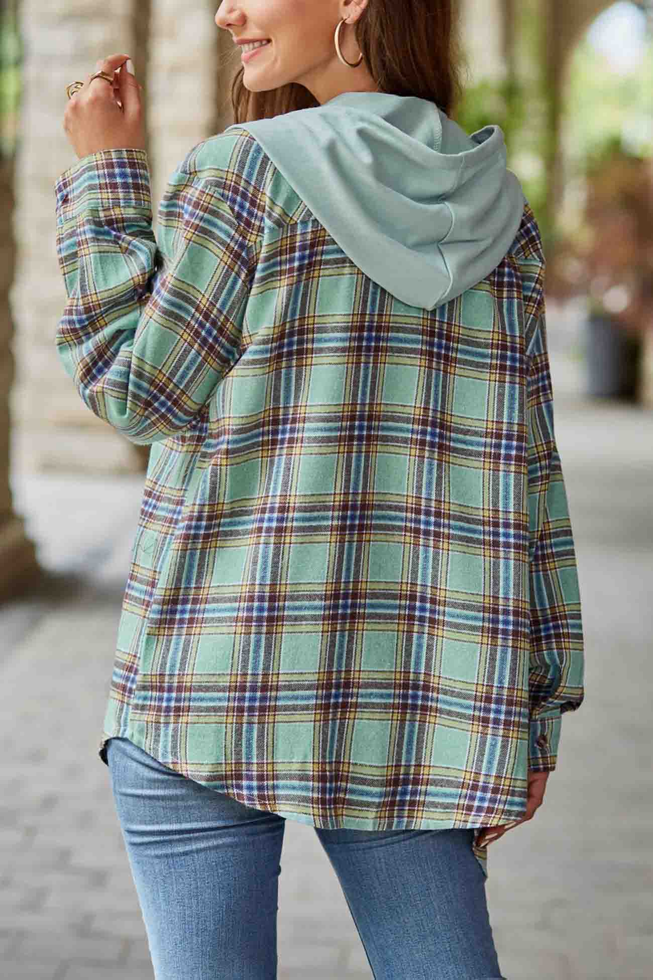 Hooded Plaid Button Up Blouse