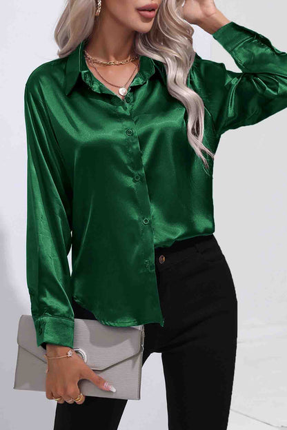 Lapel Satin Button Up Blouse