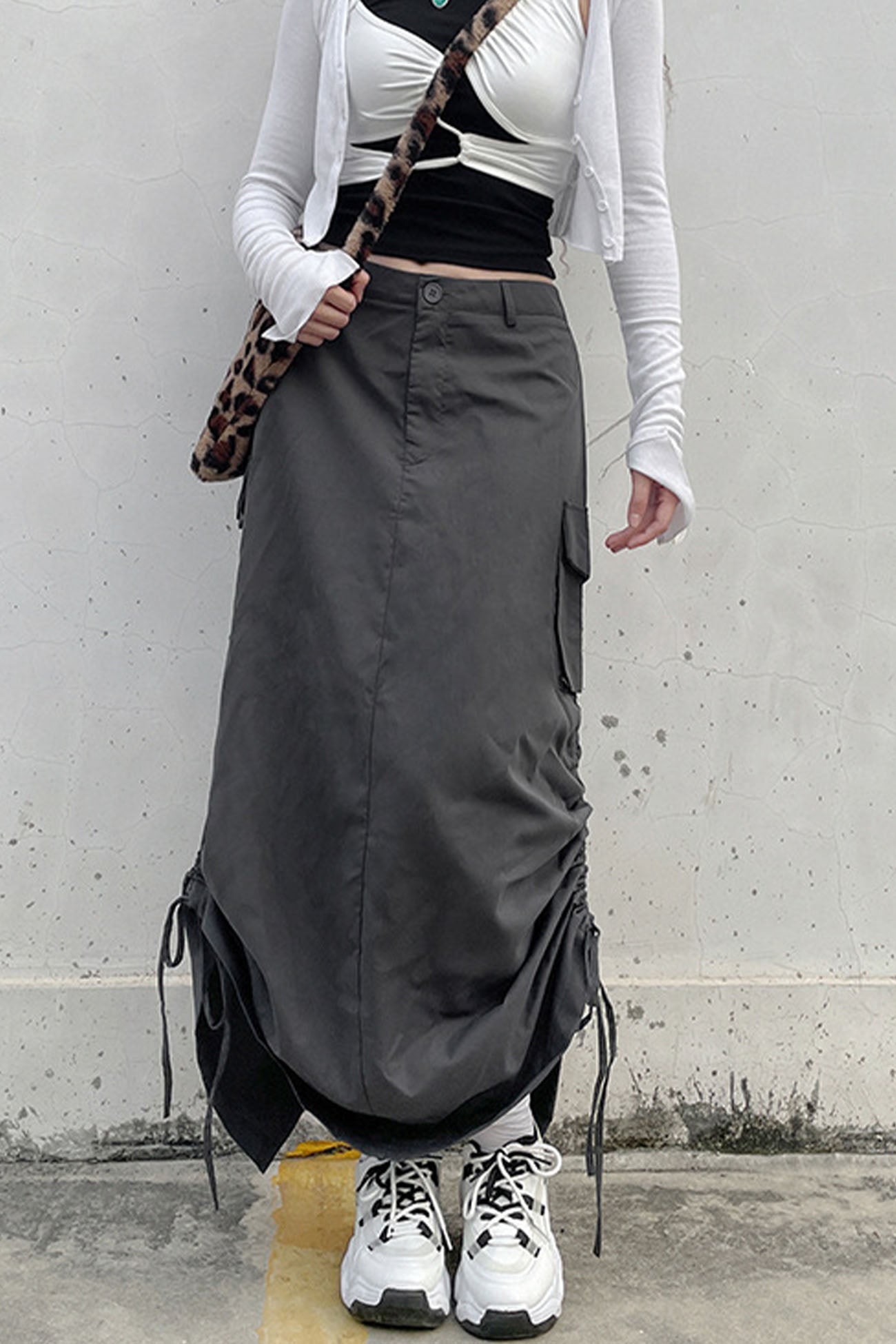 Solid Color Back Slit Ruched Pocket Midi Skirt