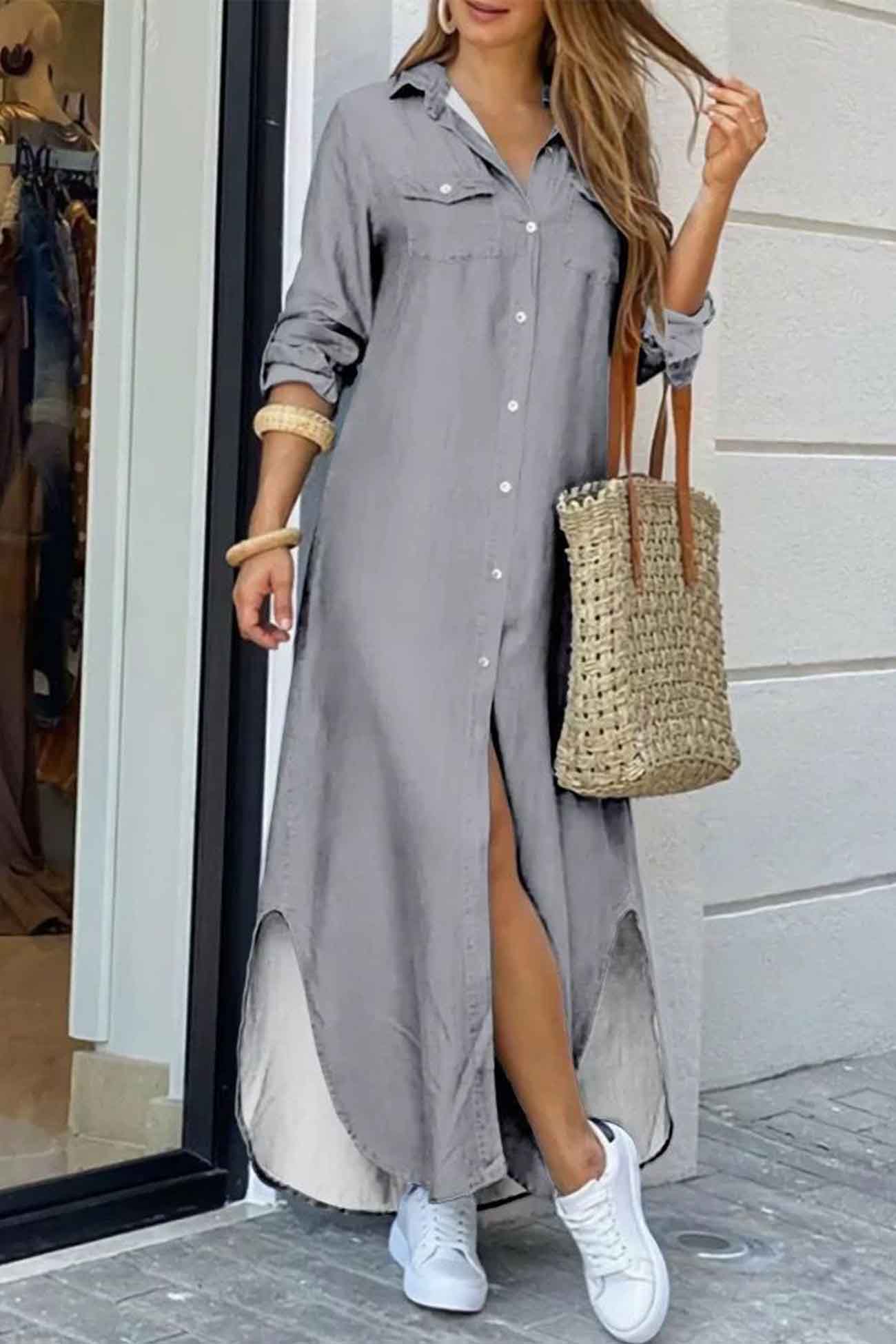 Long Sleeve Button Up Pocket Shirt Dress