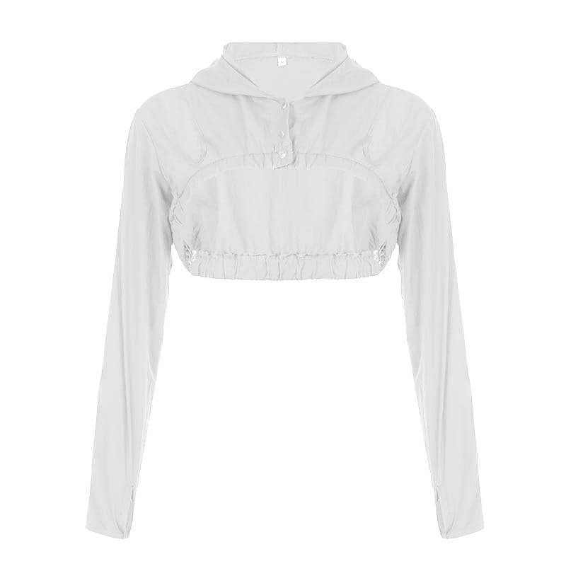 Hollow out button hoodie long sleeve cargo solid shrug crop top - Final Sale