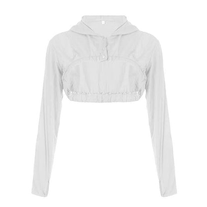 Hollow out button hoodie long sleeve cargo solid shrug crop top - Final Sale