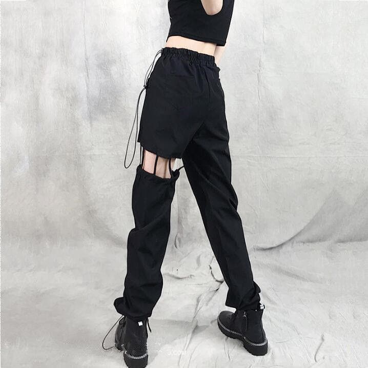 Hollow out drawstring solid medium rise cargo pant