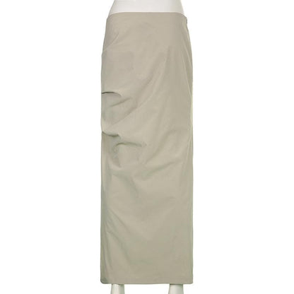 Ruched solid zip-up slit cargo maxi skirt