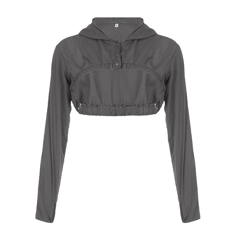 Hollow out button hoodie long sleeve cargo solid shrug crop top - Final Sale