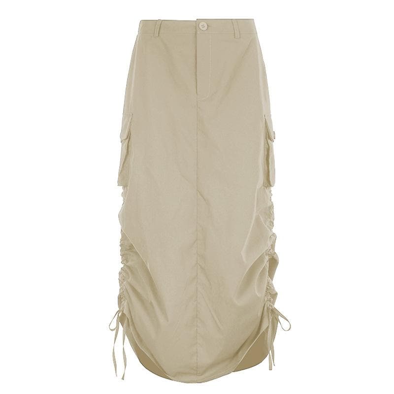 Solid ruched drawstring cargo pocket slit maxi skirt