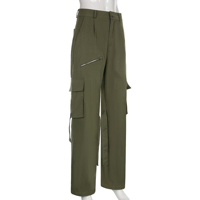 Self tie zip-up high rise solid cargo pocket baggy straight leg pant