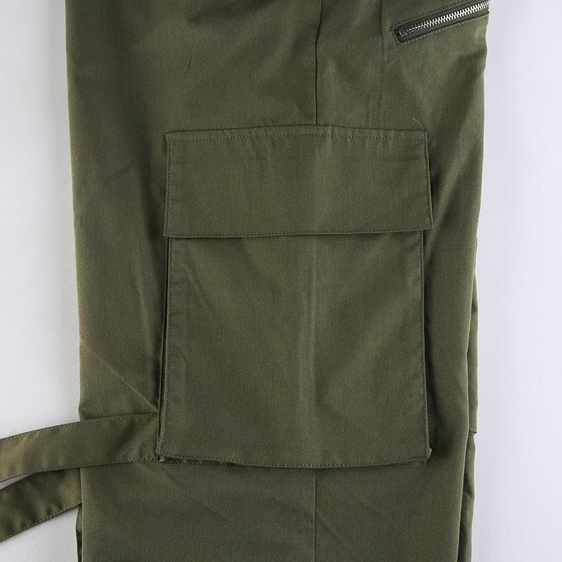 Self tie zip-up high rise solid cargo pocket baggy straight leg pant