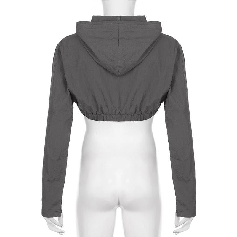 Hollow out button hoodie long sleeve cargo solid shrug crop top - Final Sale