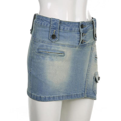 Irregular gradient button zip-up cargo pocket denim mini skirt