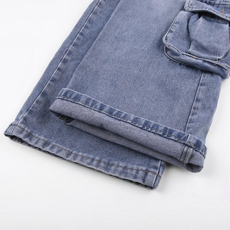 Cargo pocket button high rise straight leg jeans