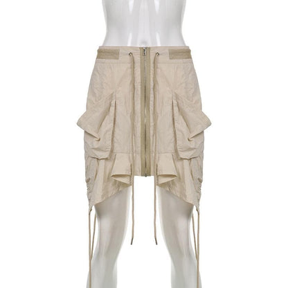 Rrawstring zip-up irregular cargo pocket mini skirt