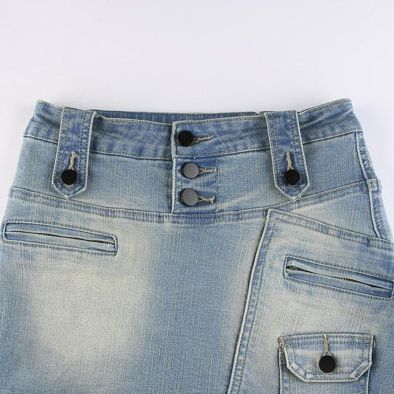 Irregular gradient button zip-up cargo pocket denim mini skirt