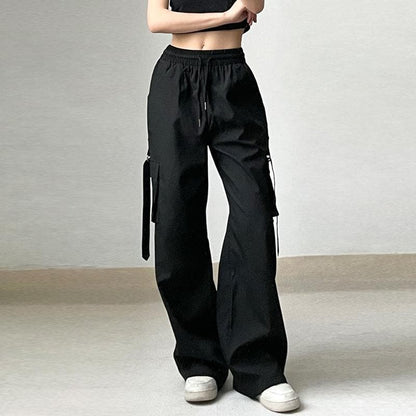 Drawstring solid cargo pocket wide leg pant