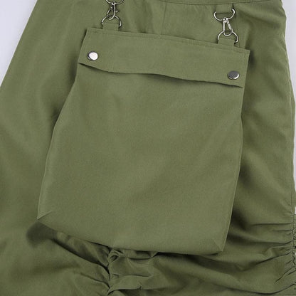 Ruched solid button cargo pocket zip-up midi skirt