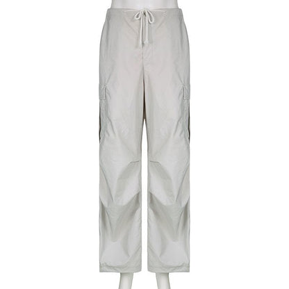 Solid drawstring cargo pocket zip-up wide leg