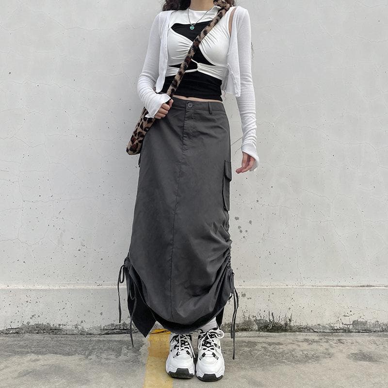 Solid ruched drawstring cargo pocket slit maxi skirt